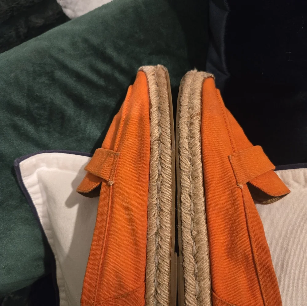 Hermes Bright Orange Canvas Espadrille Loafers with Strap Detail